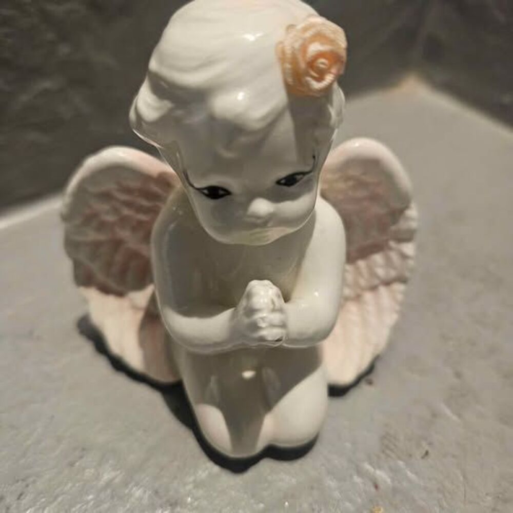 Ceramic Praying Cherub Angel Figurine with Rose in Hair 3" x 3"